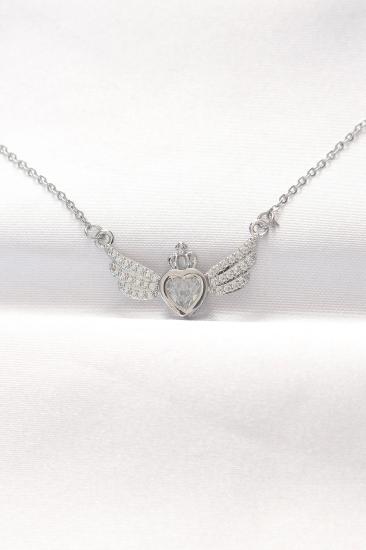 Mey İthalat® 316L Çelik Silver Renk Zirkon Taşlı Kalpli Kanat Kolye