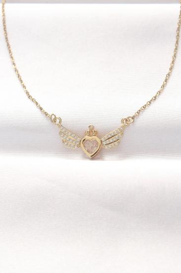 Mey İthalat® 316L Çelik Gold Renk Zirkon Taşlı Kalpli Kanat Kolye