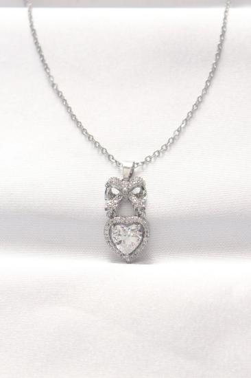 Mey İthalat® 316L Çelik Silver Renk Zirkon Taşlı Kalpli Fiyonk Kolye