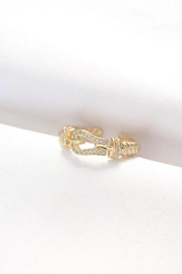 Mey İthalat® Kemer Tokası Tasarımlı Gold Renk Zirkon Taşlı Ayarlanabilir Yüzük