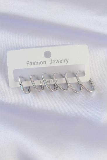 Mey İthalat® Pirinç Gümüş Renk İnce Oval Küpe Seti