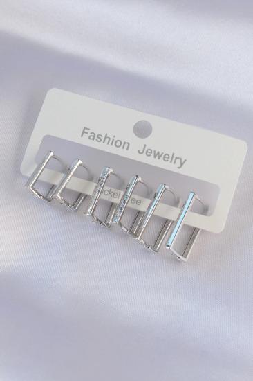 Mey İthalat® Pirinç Gümüş Renk Dikdörtgen Model Küpe Seti