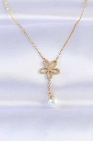 Mey İthalat® 316L Çelik Zincir Gold Renk İnci Detay Çiçek Kolye
