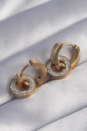 Mey İthalat® 316L Çelik Gold Renk Zirkon Taşlı İç İçe Geçmeli Oval Küpe