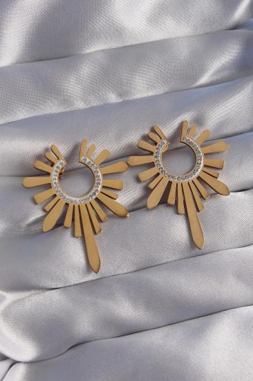 Mey İthalat® 316L Çelik Gold Renk Zirkon Taşlı Güneş Figürlü Küpe