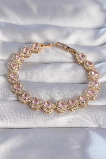 Mey İthalat® Vip Seri Pirinç Gold Renk Pembe Zirkon Taşlı Kalp Tasarımlı Bileklik