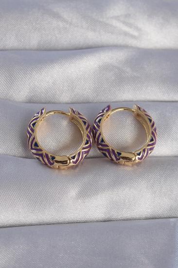 Mey İthalat® Pirinç Gold Renk Mor Etnik Desenli Halka Küpe