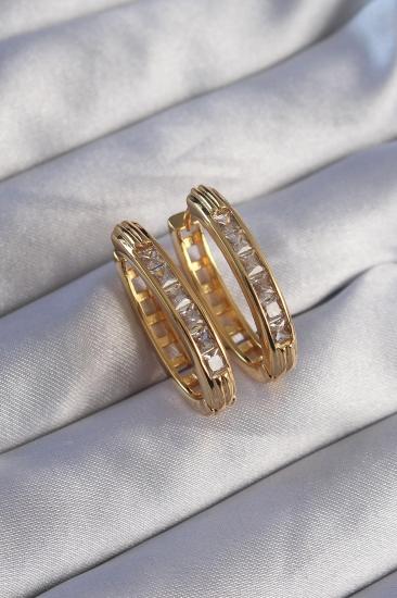 Mey İthalat® Pirinç Gold Renk Zirkon Taşlı Oval Model Küpe