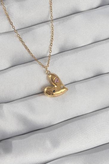 Mey İthalat® 316L Çelik Zincir Gold Renk Renkli Zirkon Taşlı Kalp Kolye