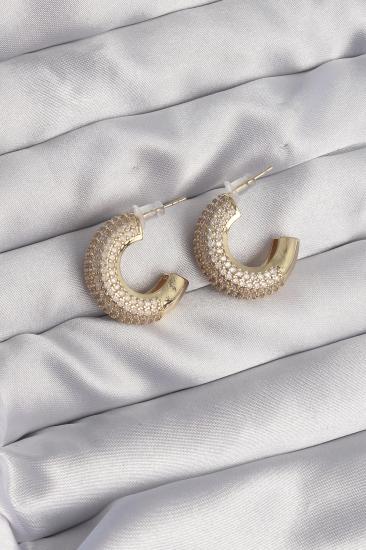 Mey İthalat® Pirinç Gold Renk Zirkon Taşlı Yarım Halka Küpe