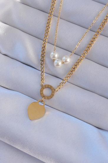 Mey İthalat® 316L Çelik Gold Renk Çift Zincir İnci Detayı Love Kalp Kolye