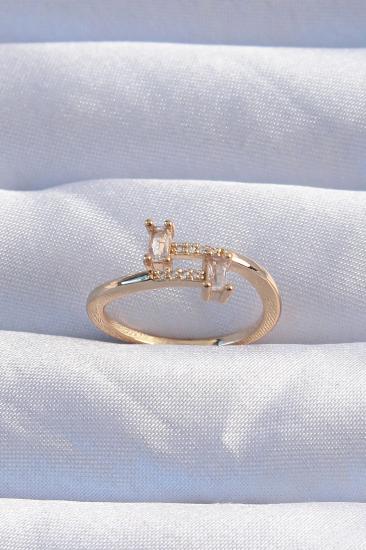 Mey İthalat® Pirinç Gold Renk Zirkon Taşlı Geometrik Ayarlanabilir Yüzük