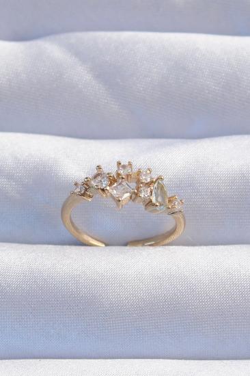 Mey İthalat® Pirinç Gold Renk Zirkon Taşlı Damla Detay Ayarlanabilir Yüzük