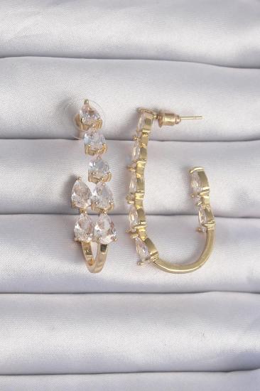 Mey İthalat® Pirinç Gold Renk Damla Zirkon Taş Tasarımlı Küpe
