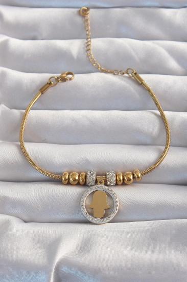 Mey İthalat® 316L Çelik Gold Renk Zirkon Taş Aksesuarlı Fatma Ana Eli Bileklik
