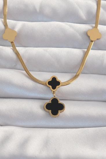 Mey İthalat® 316L Çelik Gold Renk İtalyan Zincirli Mineli Yonca Kolye