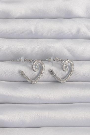 Mey İthalat® Pirinç Gümüş Renk Zirkon Taşlı Kıvrımlı Yarım Kalp Küpe