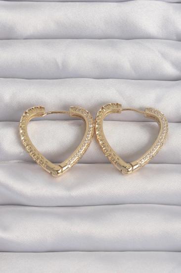 Mey İthalat® Pirinç Gold Renk Zirkon Taşlı Motifli Kalp Küpe