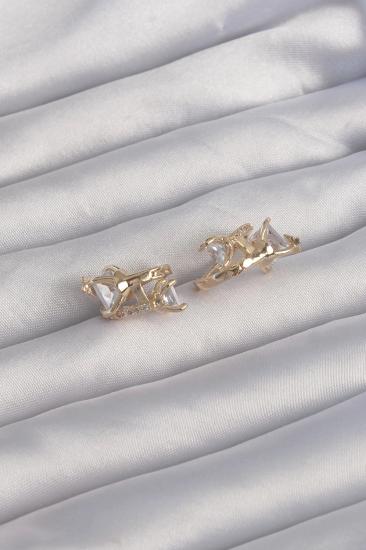 Mey İthalat® Pirinç Gold Renk İri Zirkon Taşlı Kıvrımlı Minimal Kelebekli Halka Küpe