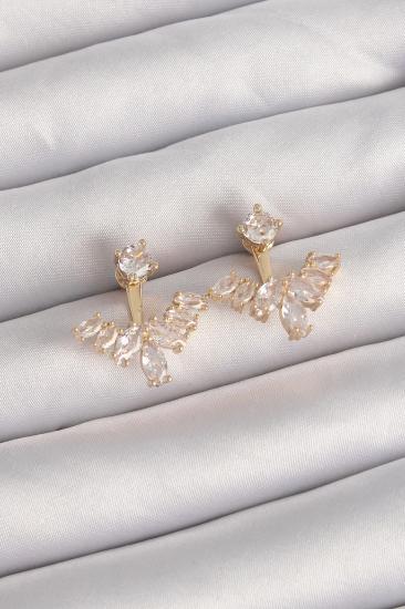 Mey İthalat® Pirinç Gold Renk Zirkon Taşlı V Model Küpe