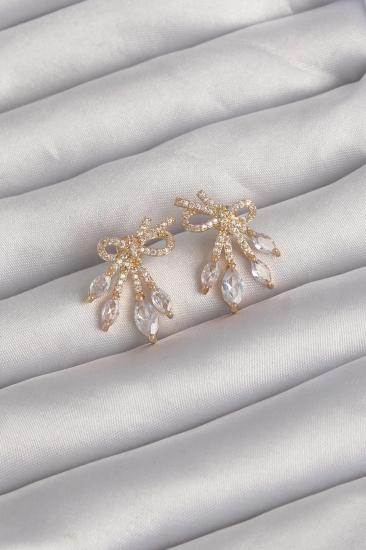 Mey İthalat® Pirinç Gold Renk Zirkon Taşlı Fiyonk Küpe