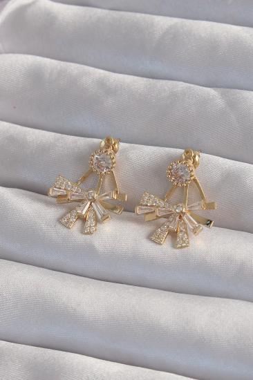 Mey İthalat® Pirinç Gold Renk Zirkon Taşlı Yassı Fiyonk Model Küpe