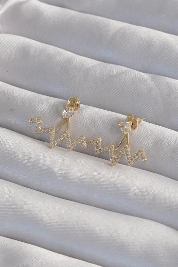 Mey İthalat® Pirinç Gold Renk Zirkon Taşlı Zikzak Küpe