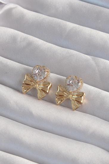 Mey İthalat® Pirinç Gold Renk Zirkon Taşlı Kalp Model Fiyonk Küpe