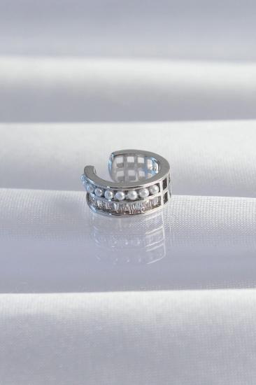 Mey İthalat® Pirinç Gümüş Renk İncili Baget Taşlı Earcuff Küpe