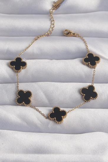 Mey İthalat® 316L Çelik Gold Renk Siyah Mineli Yonca Bileklik