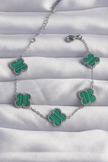Mey İthalat® 316L Çelik Gümüş Renk Çizgili Yeşil Mineli Yonca Bileklik
