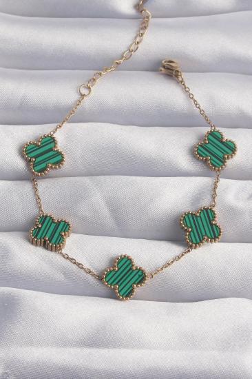 Mey İthalat® 316L Çelik Gold Renk Çizgili Yeşil Mineli Yonca Bileklik