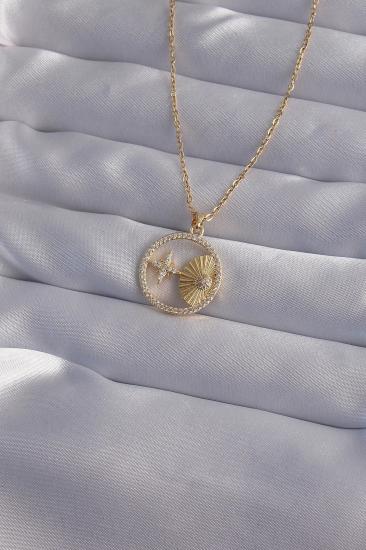 Mey İthalat® 316L Çelik Zincir Gold Renk Zirkon Taşlı Yıldız Figürlü Oval Kolye