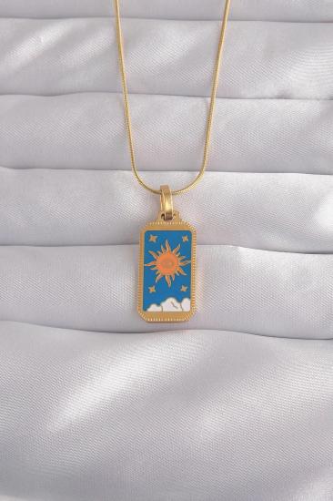 Mey İthalat® 316L Çelik Gold Renk Mavi Mineli Güneş Model Tarot Kolye
