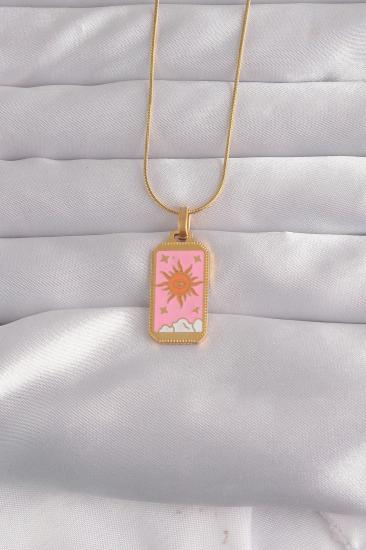 Mey İthalat® 316L Çelik Gold Renk Pembe Mineli Güneş Model Tarot Kolye