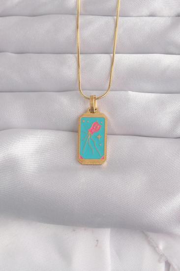Mey İthalat® 316L Çelik Gold Renk Mavi Mineli Tarot Kolye