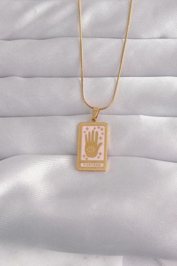 Mey İthalat® 316L Çelik Gold Renk Pembe Mineli El Figür Tarot Kolye