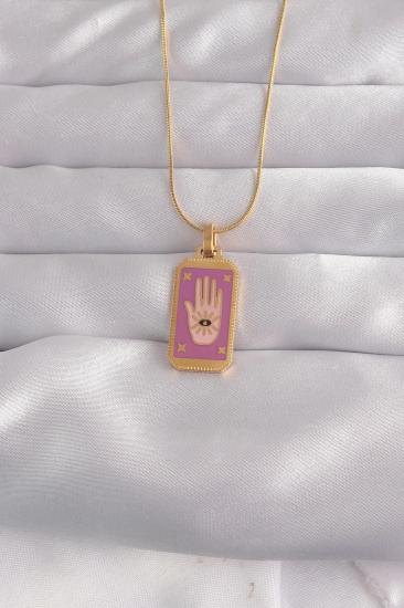 Mey İthalat® 316L Çelik Gold Renk Mor Mineli El Figür Tarot Kolye