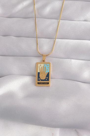 Mey İthalat® 316L Çelik Gold Renk Karışık Mineli El Figür Tarot Kolye