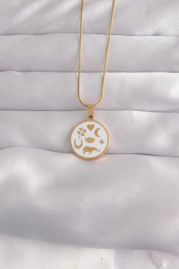 Mey İthalat® 316L Çelik Gold Renk Beyaz Mineli Karışık Figürlü Tarot Kolye