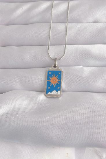 Mey İthalat® 316L Çelik Gümüş Renk Mavi Mineli Güneş Model Tarot Kolye