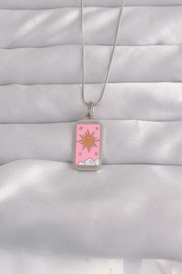 Mey İthalat® 316L Çelik Gümüş Renk Pembe Mineli Güneş Model Tarot Kolye