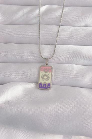 Mey İthalat® 316L Çelik Gümüş Renk Karışık Mineli Ay Figür Tarot Kolye