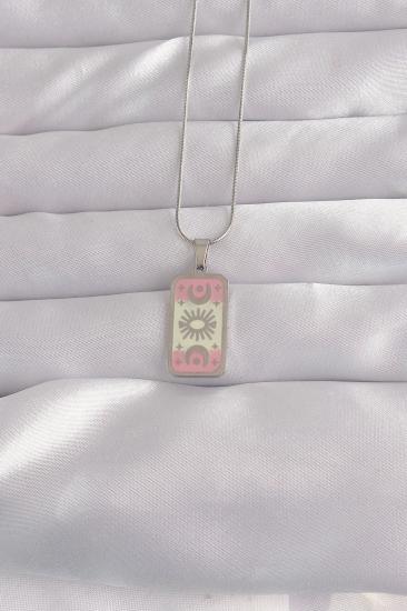 Mey İthalat® 316L Çelik Gümüş Renk Pembe Mineli Ay Figür Tarot Kolye