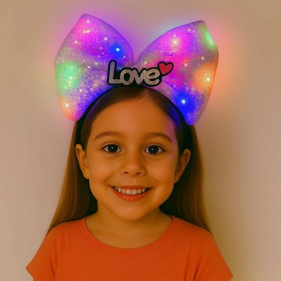 Mey İthalat® LED Işıklı Love Yazılı Mor Fiyonk Taç – Kız Çocuk Parti Tacı