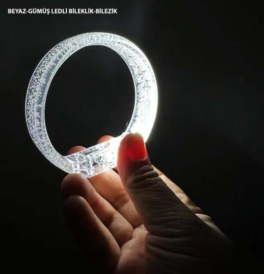 Mey İthalat® Beyaz-Gümüş Led Işıklı Baskı Yapılabilen Pilli Bileklik Bilezik 1,5 cm Genişlik