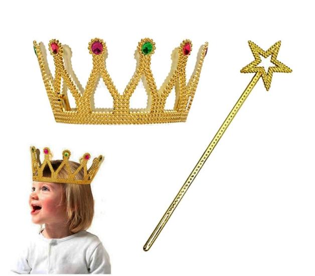 Mey İthalat® Çocuk Boy Kraliçe Prenses Tacı ve Yıldız Peri Asası Altın Renk