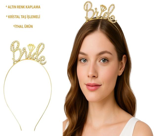Mey İthalat® Altın Renkli Taşlı “Bride” Gelin Tacı – El Yazısı Yazı Tipiyle