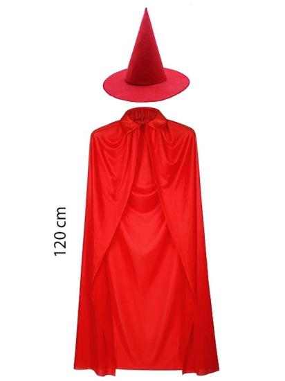 Mey İthalat® Yetişkin Boy 120 cm Kırmızı Yakalı Pelerin ve Kırmızı Cadı Şapkası