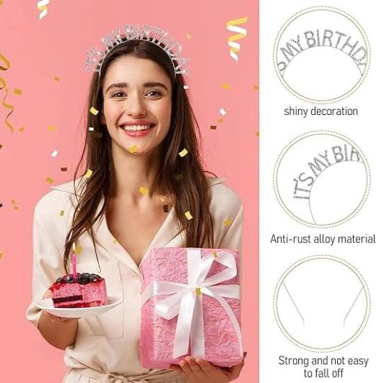 Mey İthalat® Kristal Taşlı Gümüş Renk İt's My Birthday Yazılı Doğum Günü Parti Tacı 14x16 cm